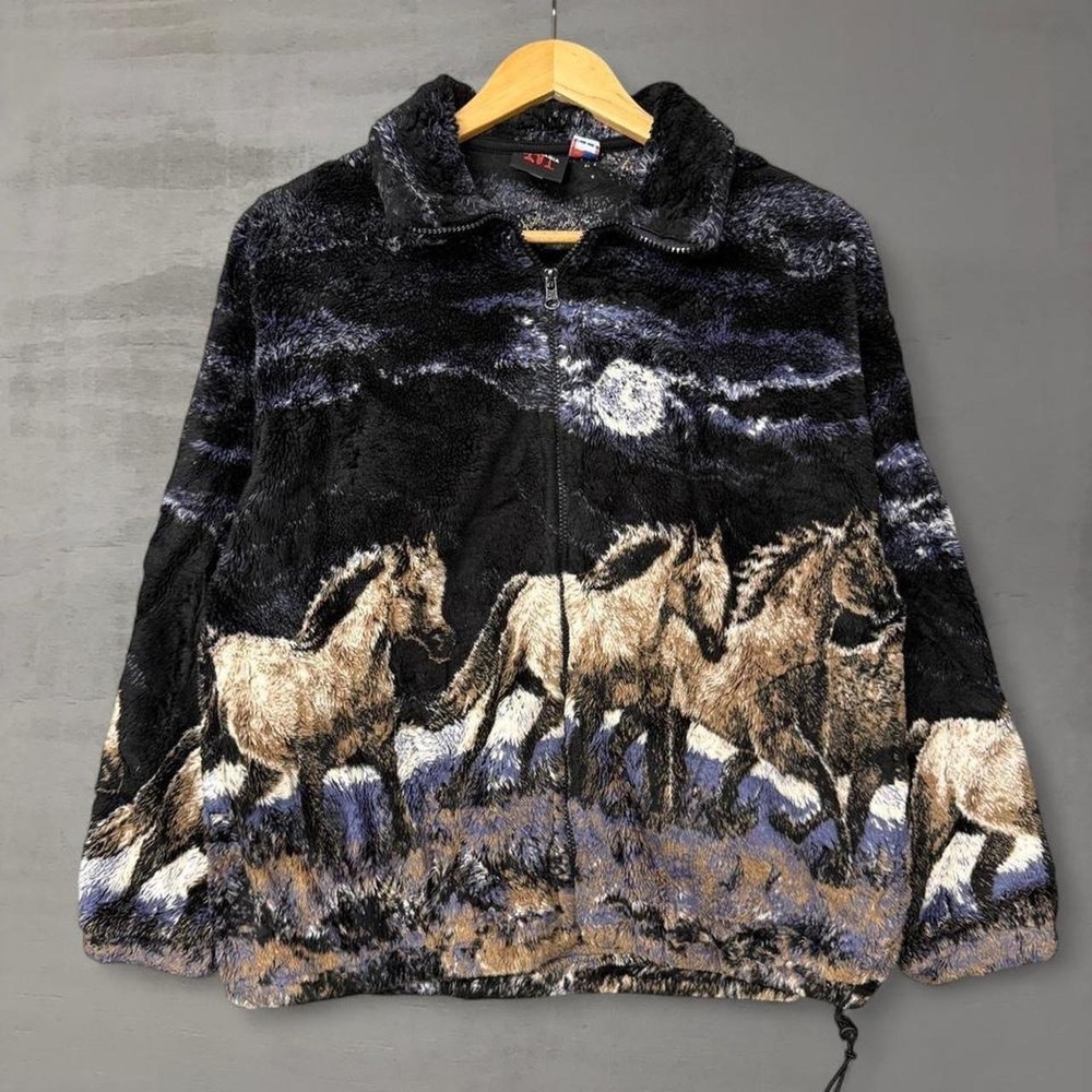 Vintage Fleece Jacket Black Wild Horse Full Moon AOP Print Zip Up Sweater Medium